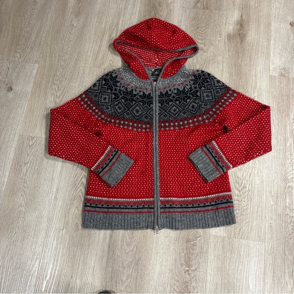 skyr Sweaters - SKYR 100% Wool Nordic Fair Isle Hooded Full Zip Sweater in Red Grey Black Size L